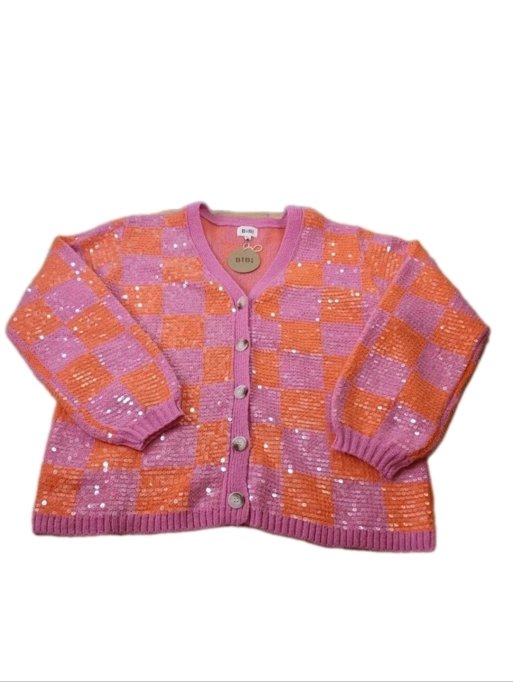 Bibi V-Neck Cardigan Sweater Sz XL Pink Orange Checkerboard Clear Sequined Nwt - Picture 5 of 12